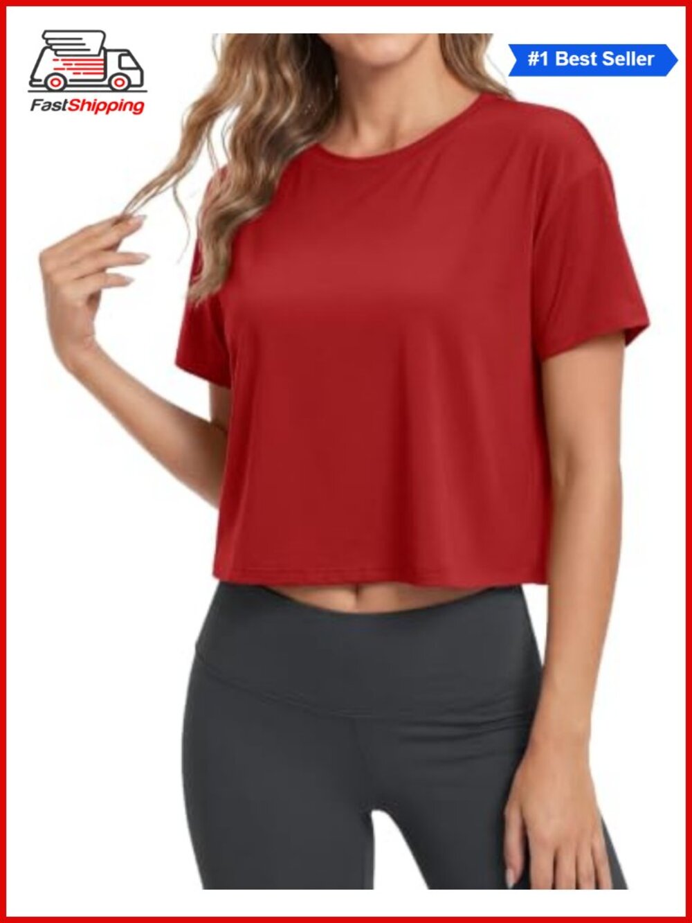 ✨ Womens Workout Crop Top Boxy Short Sleeve Crew Neck Loose Fit Back Pleated Tee